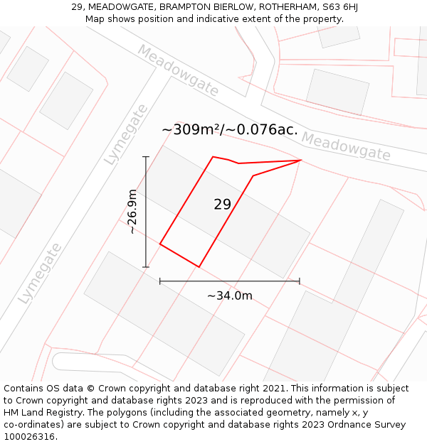 29, MEADOWGATE, BRAMPTON BIERLOW, ROTHERHAM, S63 6HJ: Plot and title map