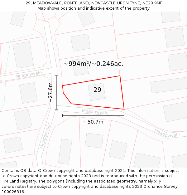 29, MEADOWVALE, PONTELAND, NEWCASTLE UPON TYNE, NE20 9NF: Plot and title map
