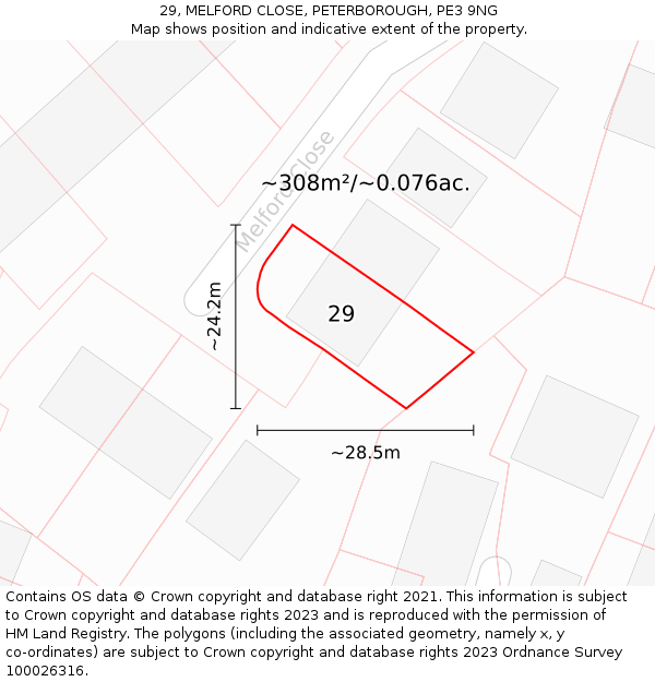 29, MELFORD CLOSE, PETERBOROUGH, PE3 9NG: Plot and title map