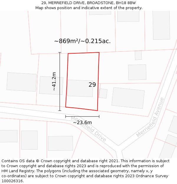 29, MERRIEFIELD DRIVE, BROADSTONE, BH18 8BW: Plot and title map