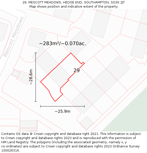 29, MESCOTT MEADOWS, HEDGE END, SOUTHAMPTON, SO30 2JT: Plot and title map