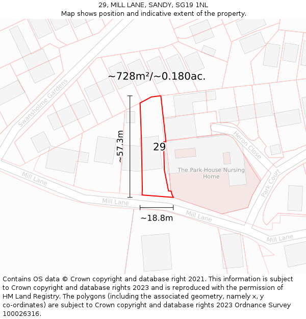 29, MILL LANE, SANDY, SG19 1NL: Plot and title map