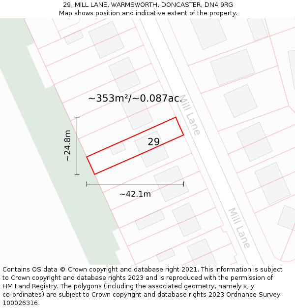 29, MILL LANE, WARMSWORTH, DONCASTER, DN4 9RG: Plot and title map