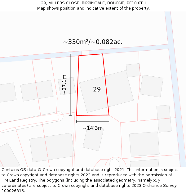 29, MILLERS CLOSE, RIPPINGALE, BOURNE, PE10 0TH: Plot and title map