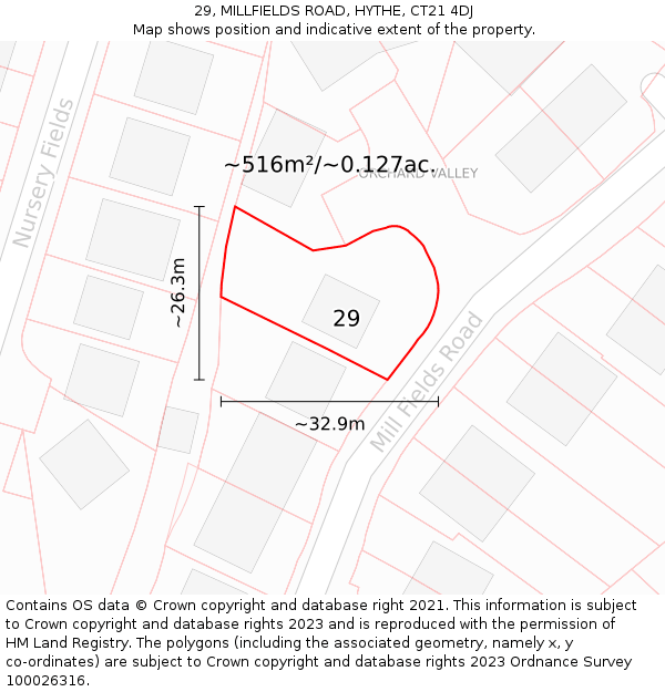 29, MILLFIELDS ROAD, HYTHE, CT21 4DJ: Plot and title map