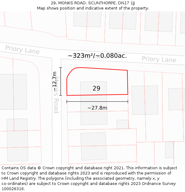29, MONKS ROAD, SCUNTHORPE, DN17 1JJ: Plot and title map