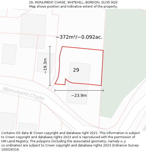 29, MONUMENT CHASE, WHITEHILL, BORDON, GU35 9QS: Plot and title map