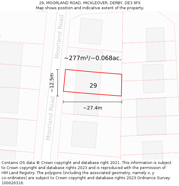29, MOORLAND ROAD, MICKLEOVER, DERBY, DE3 9FX: Plot and title map