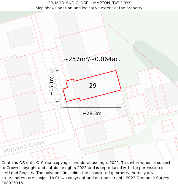 29, MORLAND CLOSE, HAMPTON, TW12 3YX: Plot and title map