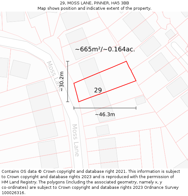 29, MOSS LANE, PINNER, HA5 3BB: Plot and title map