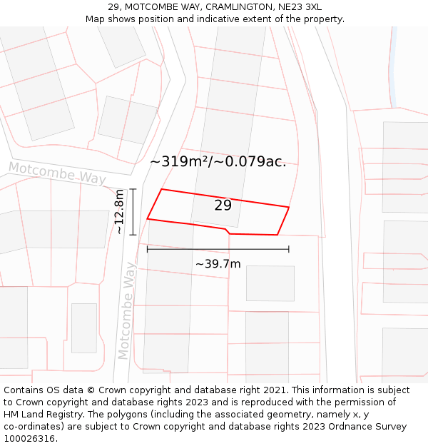 29, MOTCOMBE WAY, CRAMLINGTON, NE23 3XL: Plot and title map