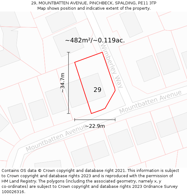 29, MOUNTBATTEN AVENUE, PINCHBECK, SPALDING, PE11 3TP: Plot and title map