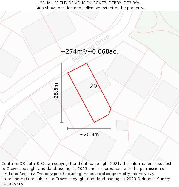 29, MUIRFIELD DRIVE, MICKLEOVER, DERBY, DE3 9YA: Plot and title map