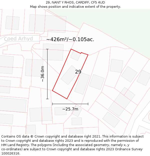 29, NANT Y RHOS, CARDIFF, CF5 4UD: Plot and title map