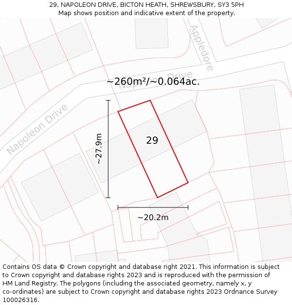 29, NAPOLEON DRIVE, BICTON HEATH, SHREWSBURY, SY3 5PH: Plot and title map