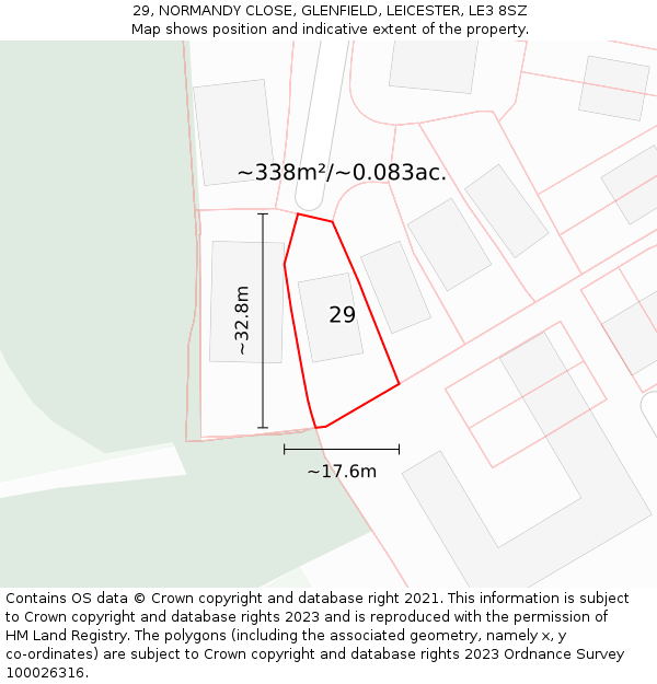 29, NORMANDY CLOSE, GLENFIELD, LEICESTER, LE3 8SZ: Plot and title map