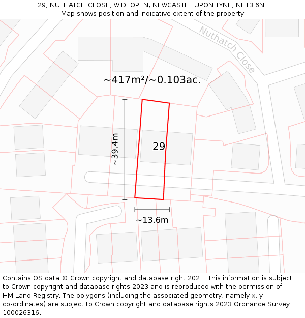 29, NUTHATCH CLOSE, WIDEOPEN, NEWCASTLE UPON TYNE, NE13 6NT: Plot and title map