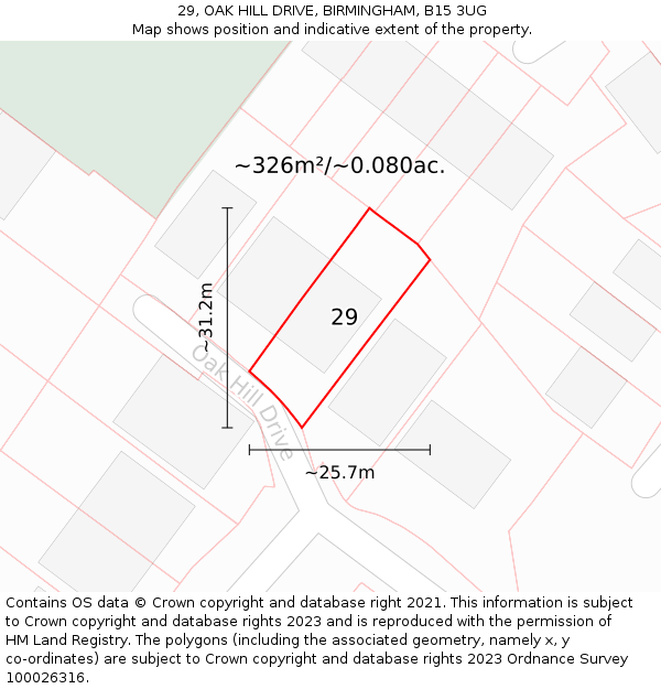 29, OAK HILL DRIVE, BIRMINGHAM, B15 3UG: Plot and title map
