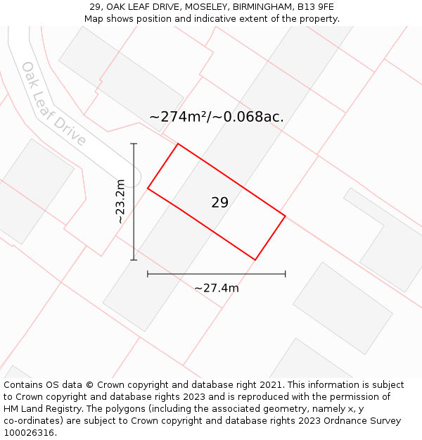 29, OAK LEAF DRIVE, MOSELEY, BIRMINGHAM, B13 9FE: Plot and title map