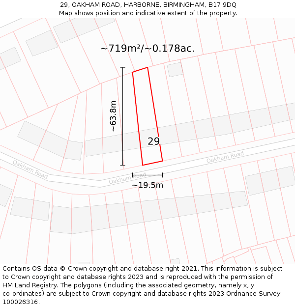 29, OAKHAM ROAD, HARBORNE, BIRMINGHAM, B17 9DQ: Plot and title map