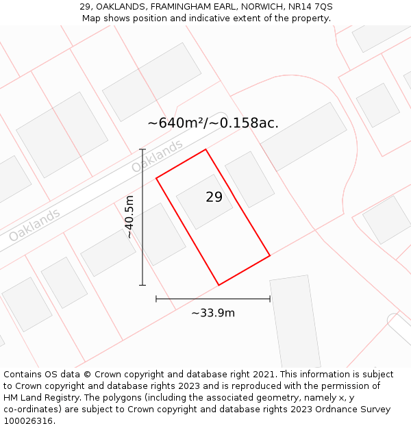 29, OAKLANDS, FRAMINGHAM EARL, NORWICH, NR14 7QS: Plot and title map