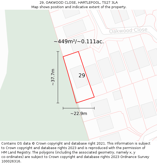 29, OAKWOOD CLOSE, HARTLEPOOL, TS27 3LA: Plot and title map