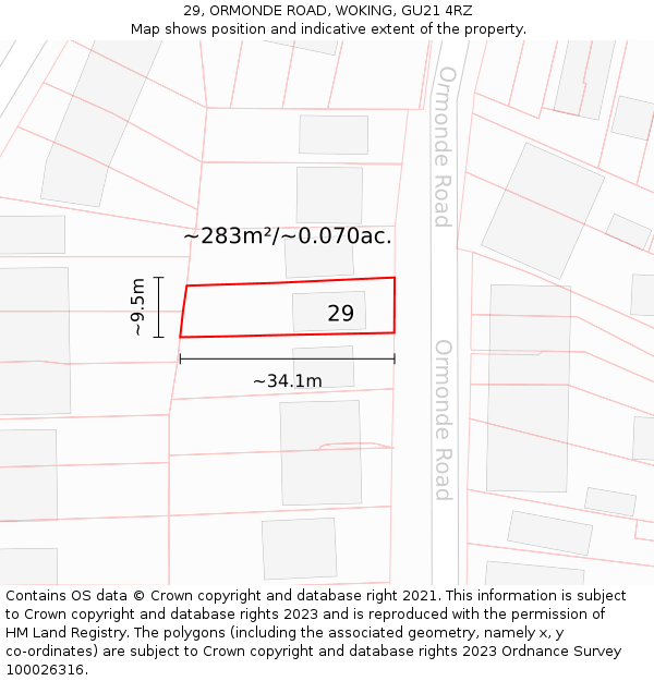 29, ORMONDE ROAD, WOKING, GU21 4RZ: Plot and title map