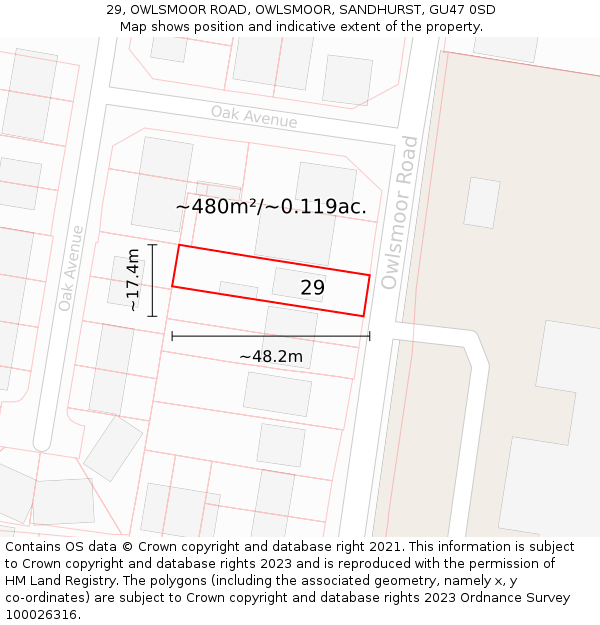 29, OWLSMOOR ROAD, OWLSMOOR, SANDHURST, GU47 0SD: Plot and title map