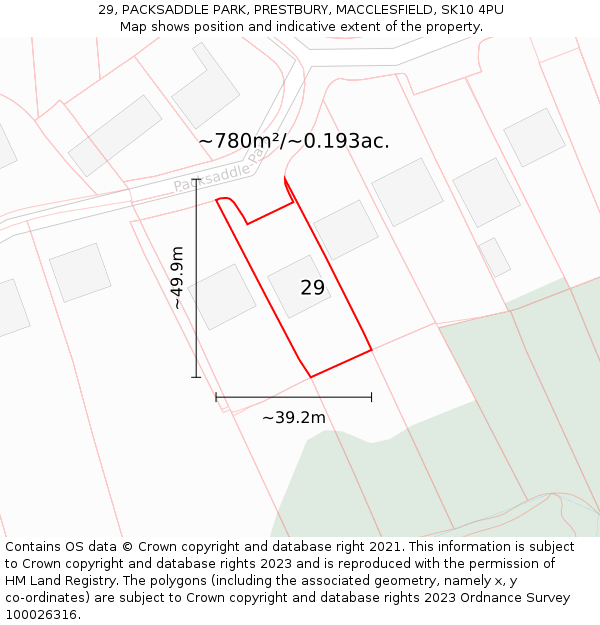29, PACKSADDLE PARK, PRESTBURY, MACCLESFIELD, SK10 4PU: Plot and title map