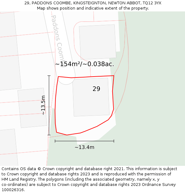 29, PADDONS COOMBE, KINGSTEIGNTON, NEWTON ABBOT, TQ12 3YX: Plot and title map