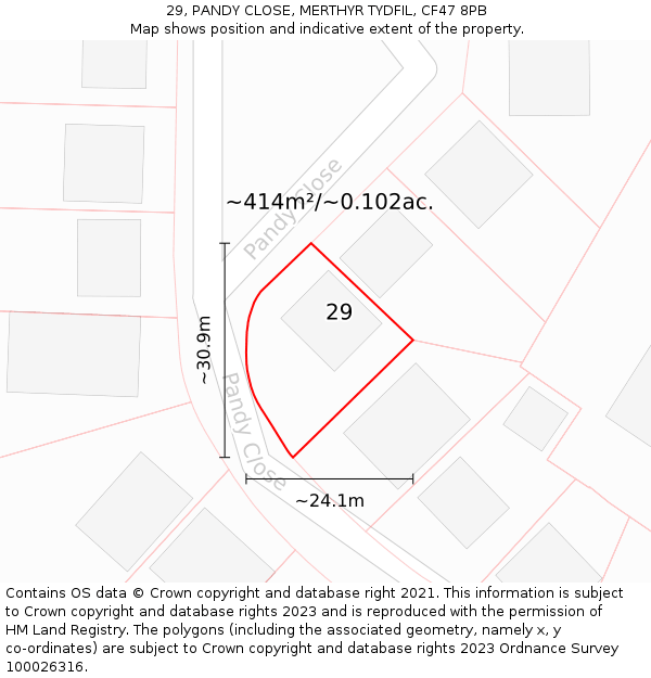 29, PANDY CLOSE, MERTHYR TYDFIL, CF47 8PB: Plot and title map