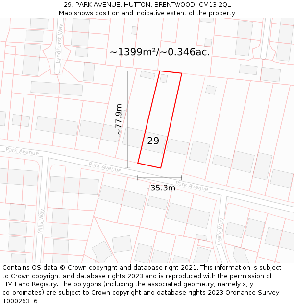 29, PARK AVENUE, HUTTON, BRENTWOOD, CM13 2QL: Plot and title map
