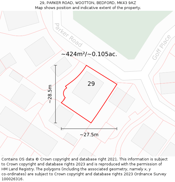 29, PARKER ROAD, WOOTTON, BEDFORD, MK43 9AZ: Plot and title map