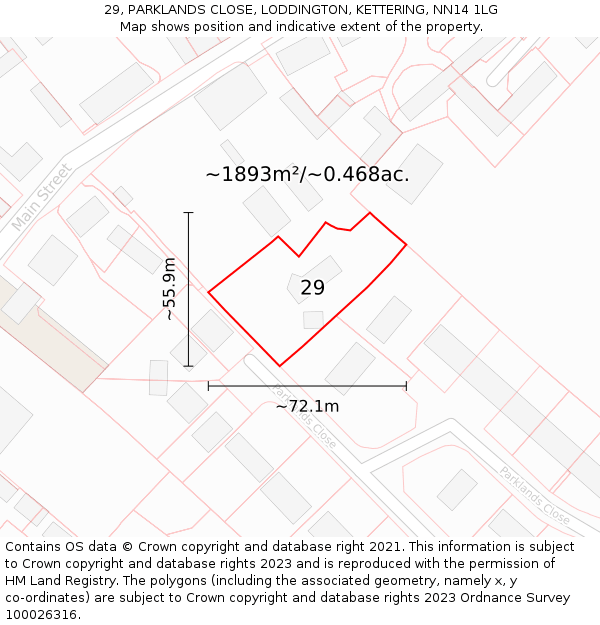 29, PARKLANDS CLOSE, LODDINGTON, KETTERING, NN14 1LG: Plot and title map
