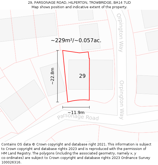 29, PARSONAGE ROAD, HILPERTON, TROWBRIDGE, BA14 7UD: Plot and title map