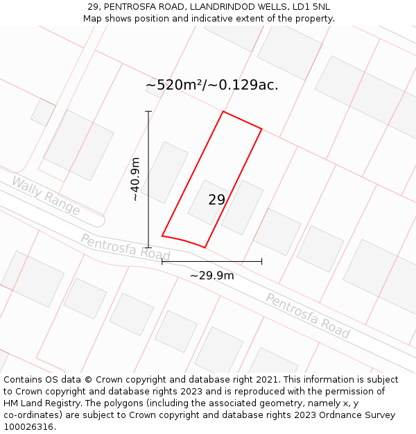29, PENTROSFA ROAD, LLANDRINDOD WELLS, LD1 5NL: Plot and title map