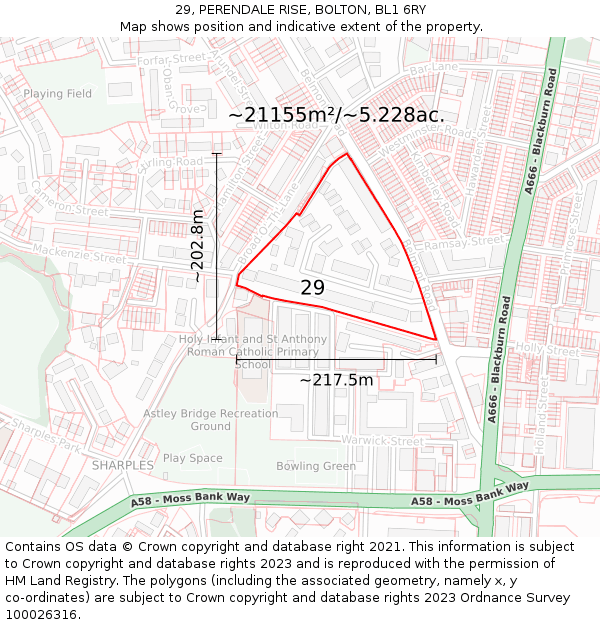 29, PERENDALE RISE, BOLTON, BL1 6RY: Plot and title map
