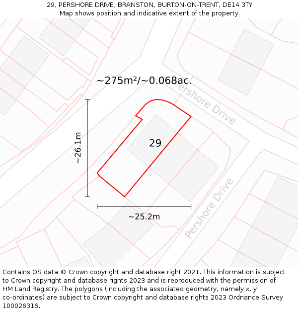 29, PERSHORE DRIVE, BRANSTON, BURTON-ON-TRENT, DE14 3TY: Plot and title map