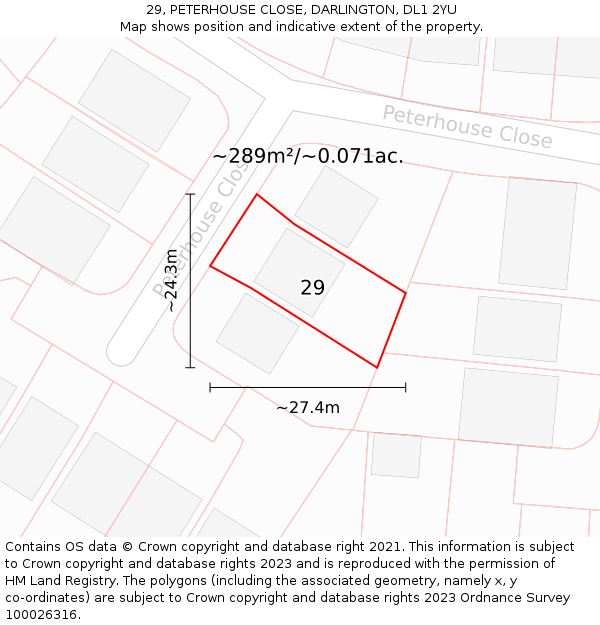 29, PETERHOUSE CLOSE, DARLINGTON, DL1 2YU: Plot and title map