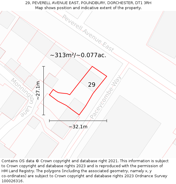 29, PEVERELL AVENUE EAST, POUNDBURY, DORCHESTER, DT1 3RH: Plot and title map