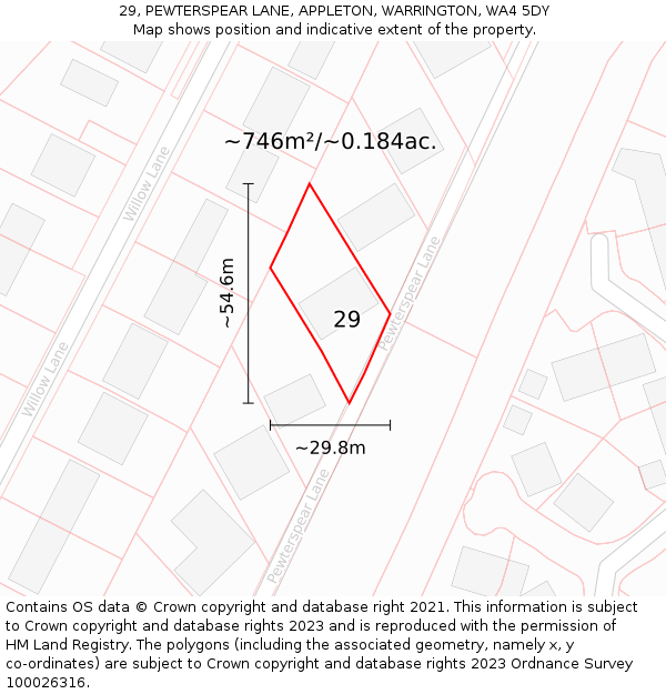 29, PEWTERSPEAR LANE, APPLETON, WARRINGTON, WA4 5DY: Plot and title map