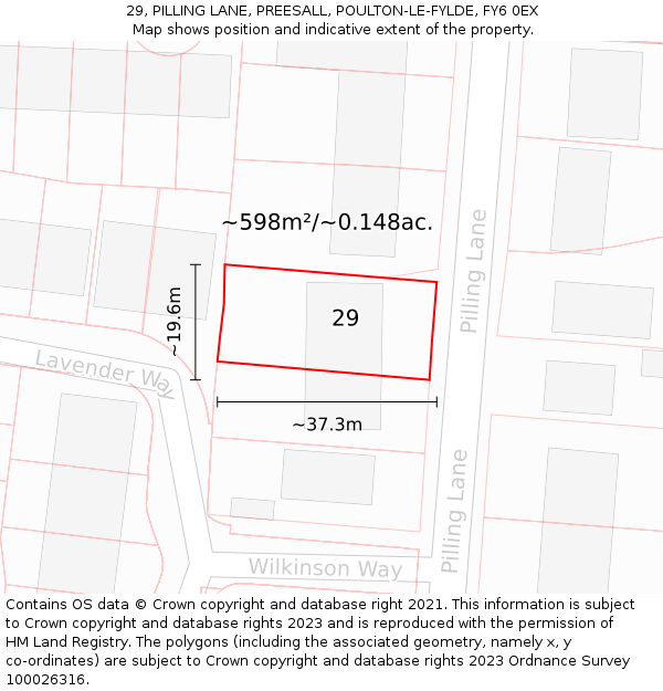29, PILLING LANE, PREESALL, POULTON-LE-FYLDE, FY6 0EX: Plot and title map