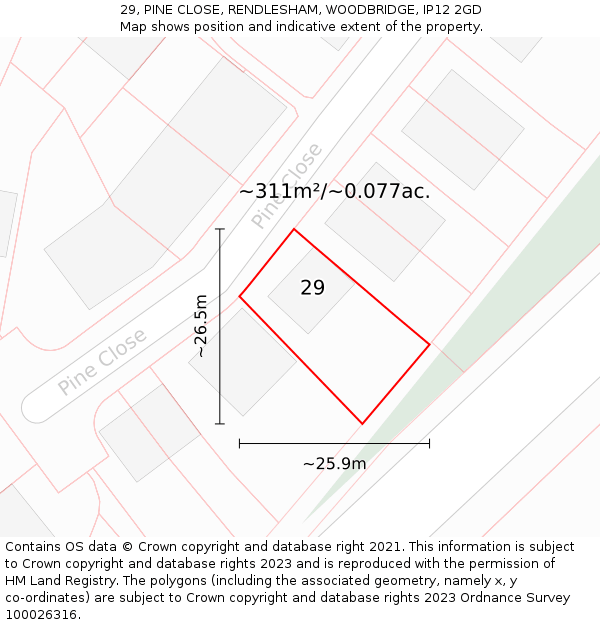 29, PINE CLOSE, RENDLESHAM, WOODBRIDGE, IP12 2GD: Plot and title map