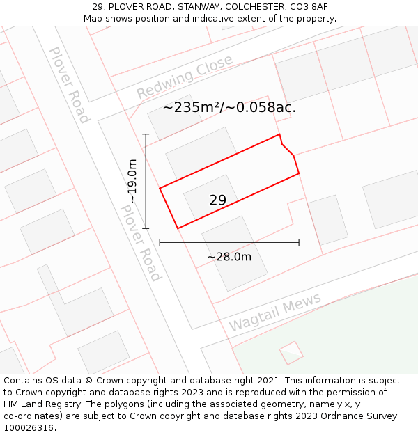 29, PLOVER ROAD, STANWAY, COLCHESTER, CO3 8AF: Plot and title map