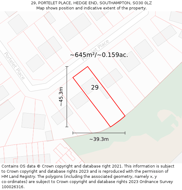 29, PORTELET PLACE, HEDGE END, SOUTHAMPTON, SO30 0LZ: Plot and title map