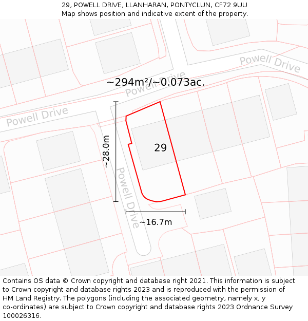 29, POWELL DRIVE, LLANHARAN, PONTYCLUN, CF72 9UU: Plot and title map