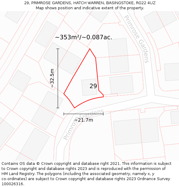 29, PRIMROSE GARDENS, HATCH WARREN, BASINGSTOKE, RG22 4UZ: Plot and title map