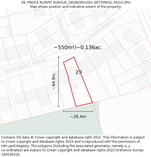 29, PRINCE RUPERT AVENUE, DESBOROUGH, KETTERING, NN14 2PH: Plot and title map
