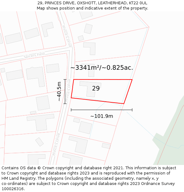 29, PRINCES DRIVE, OXSHOTT, LEATHERHEAD, KT22 0UL: Plot and title map