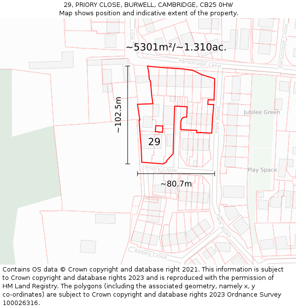 29, PRIORY CLOSE, BURWELL, CAMBRIDGE, CB25 0HW: Plot and title map